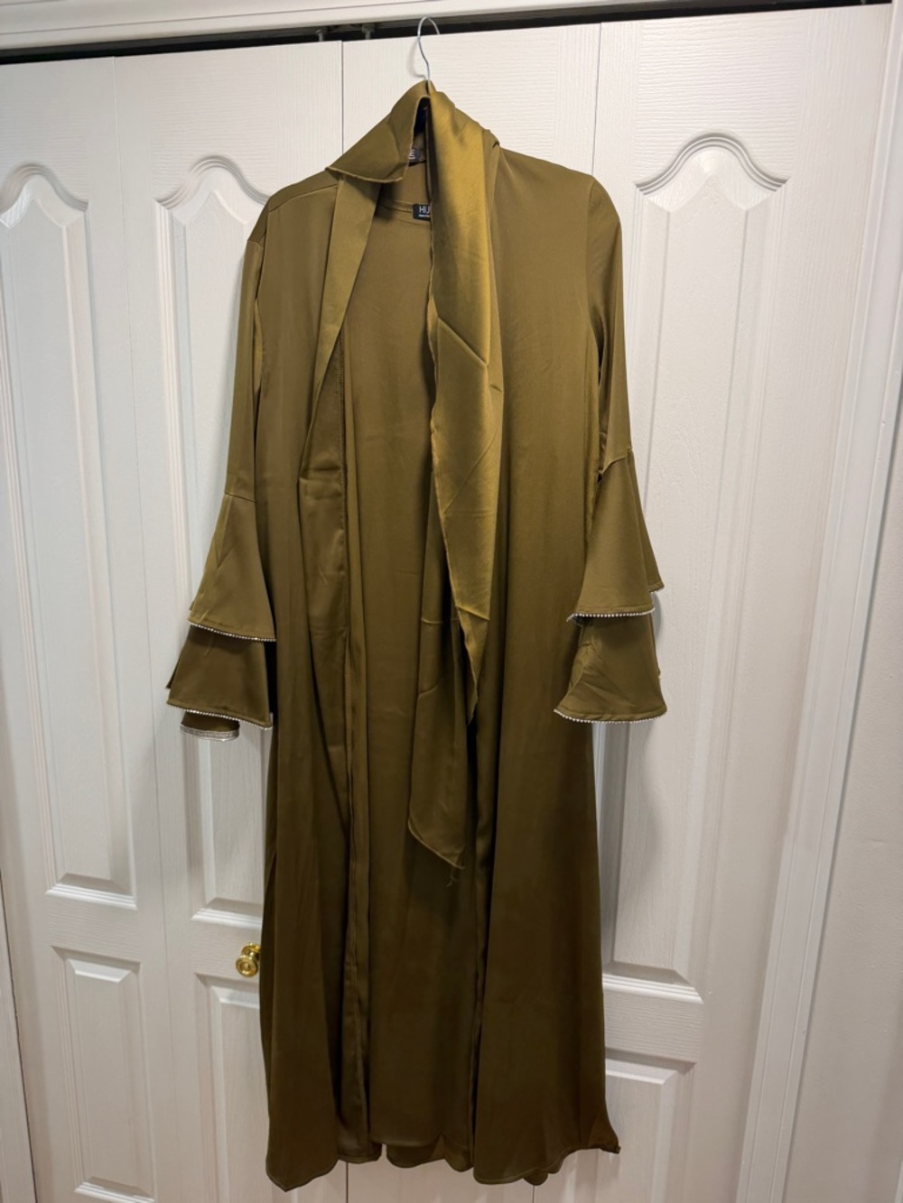 Long olive green abaya dress with bell sleeves